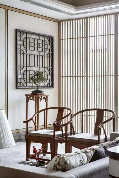 New Chinese style home design: there are elements such as green gauze cabinets, screens and antique shelving, and charm is right
