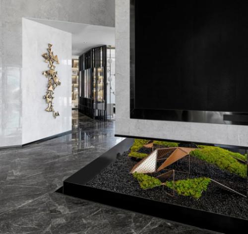 Sales office design: what is effect of marble as a base, as well as metal, glass and wood?
